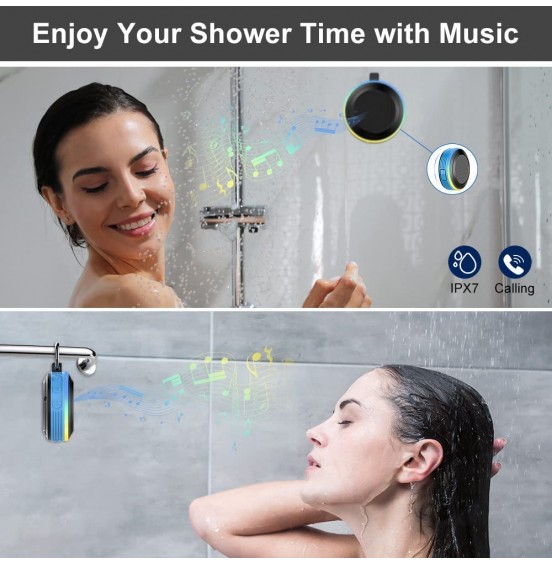 Bluetooth Shower Speaker, IPX7 Waterproof Portable Speaker with LED Light, Suction Cup, Hook, Stereo Sound, True Wireless Stereo Mini Speaker with Built-in Mic, FM Radio, for Bathroom, Pool, Outdoors