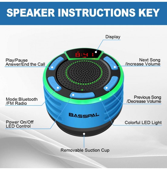 IPX7 Waterproof Speaker, BassPal Bluetooth Portable Wireless Shower Speakers with LED Display, FM Radio, Suction Cup, Light Show, TWS, Loud Stereo Sound for Pool Beach Home Party Travel Outdoors