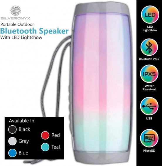 Bluetooth Speaker Portable with Color Lights, Wireless Ipx5 Waterproof Speakers from SilverOnyx, Loud Clear Hd Stereo Sound, Rich Bass Subwoofer, Built-in Mic, for Shower, Home, Travel, Pool - Grey