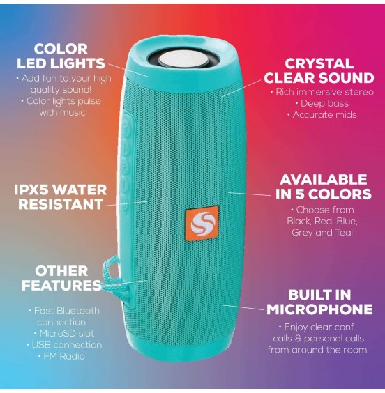 Bluetooth Speaker Portable with Color Lights, Wireless Ipx5 Waterproof Speakers from SilverOnyx, Loud Clear Hd Stereo Sound, Rich Bass Subwoofer, Built-in Mic, for Shower, Home, Travel, Pool - Grey